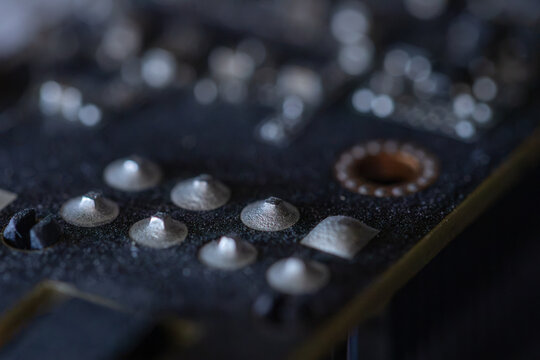 Computer circuit board close-up showing electronic components