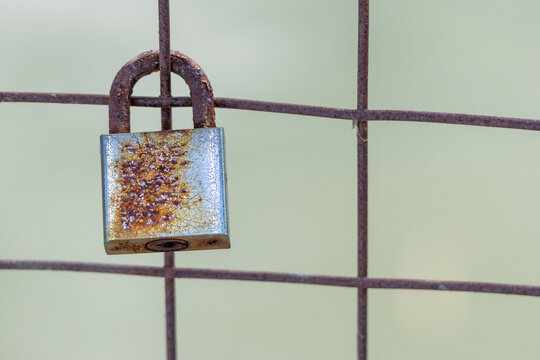 Rusty padlock hanging on old metal fence