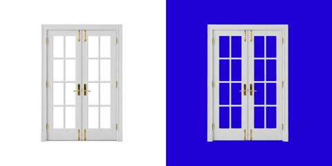 Fototapeta premium Classic white double doors with glass panels and gold handles entry way transparent png