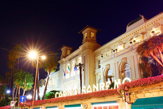 Casino of Sanremo at night Italian Riviera.