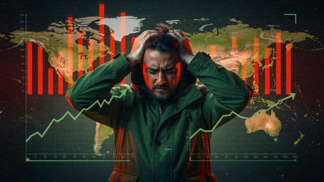Man holding head in distress against global financial charts. Stressed investor facing economic downfall and market instability. Global crisis concept for financial news and depression analysis.