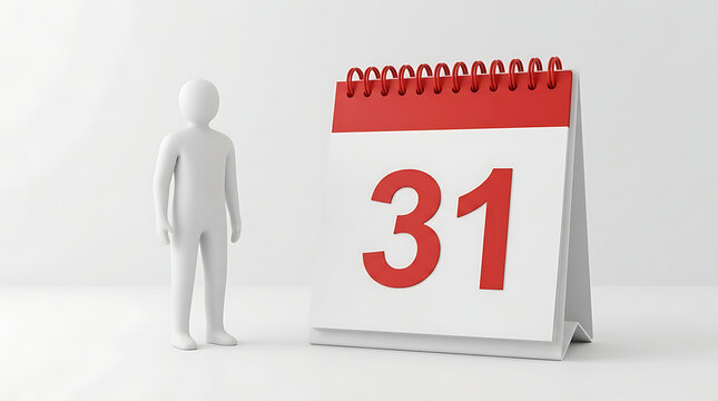 White 3D person standing next to a desk calendar showing day thirty-one for planning