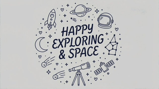 Hand-drawn space doodle with Happy Exploring text. Featuring rocket, planet, telescope, and satellite icons in a circle. Outer space adventure theme for nursery decor and educational graphics.