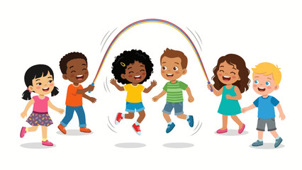 Fototapeta premium Happy diverse multiethnic children playing jump rope