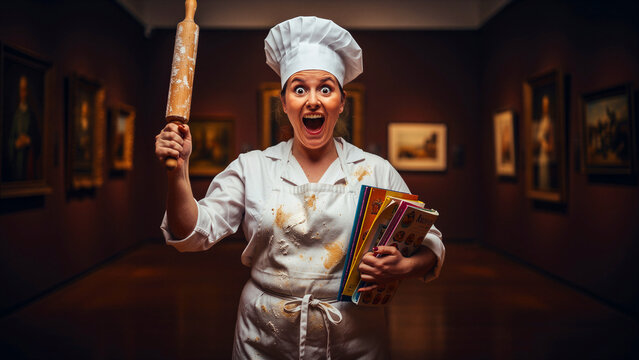 Excited female chef shouting in an art gallery while holding a rolling pin. Messy professional cook with cookbooks standing amidst museum paintings. Creative culinary art and humor concept.