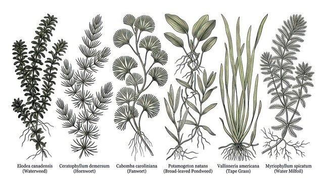 Industrial Style Botanical of Six Aquatic Plants with Scientific Names and Common Names in Monochrome
