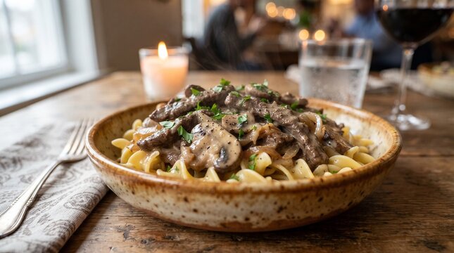 Beef stroganoff with egg noodles served in a rustic bowl  