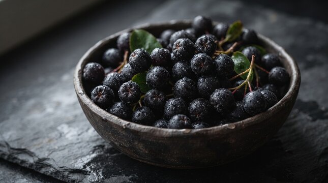 Black chokeberries in a rustic bowl on a dark stone surface  