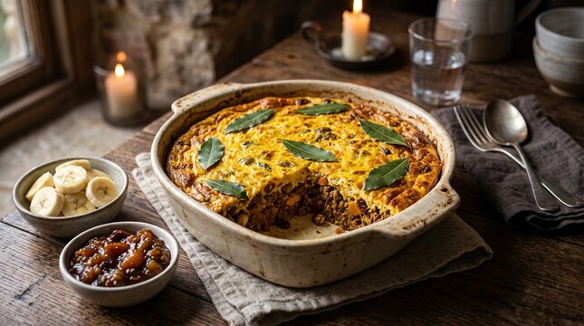 Savory bobotie meat bake served with bananas and chutney on wooden table  