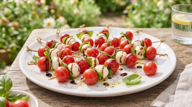 Caprese skewers with balsamic glaze on a rustic table outdoors  