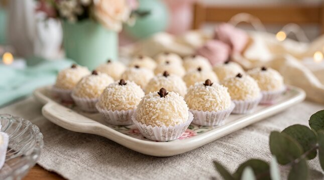 Sweet coconut candies arranged on a decorative platter in a cozy setting  