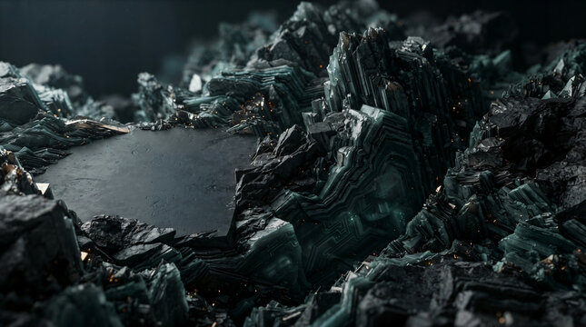 Abstract dark rocky landscape with rough terrain and metallic texture