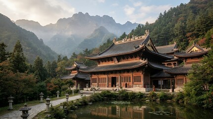 Naklejka premium Traditional Asian Temple Architecture Nestled in Peaceful Mountainous Environment with Intricate Roof Details temple architecture traditional asia oriental cultural landmark scenic nature serene