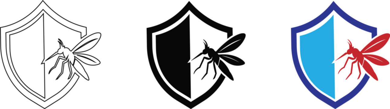 Set of vector graphic icons illustrating mosquito protection represented by a defensive shield symbol in outline, solid black, and colored variants for pest control design, isolated on a white backgro