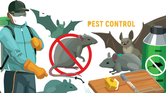 Pest Control Service Vector Banner with Exterminator Disinfecting Rat Mouse Bat Infestations and Wooden Mousetrap for Home Hygiene Graphic Designs