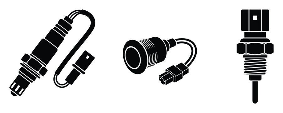 Automotive sensors and electrical connectors, black icons set.
