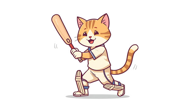 Cute cartoon cat playing cricket, vector illustration of a kitten athlete with a bat.