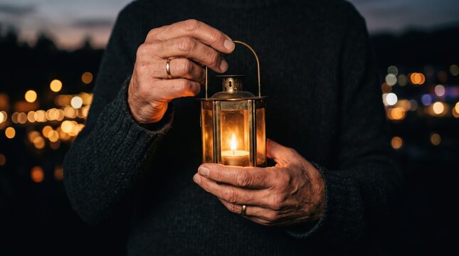 of elderly man hands holding a vintage metal lantern with a lit candle inside, glowing warm light against a dark twilight with city bokeh lights, symbolizing hope, guidance, search