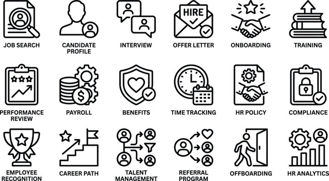 Human resources and business management vector silhouette illustration icon set for company.