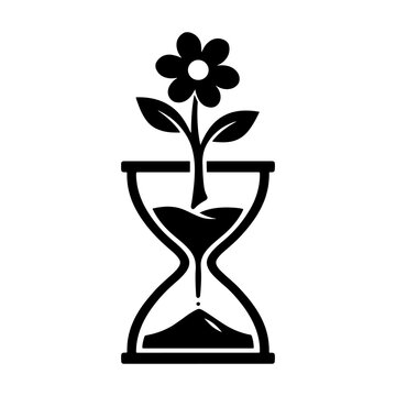 Hourglass with growing flower silhouette on a white background representing time and nature