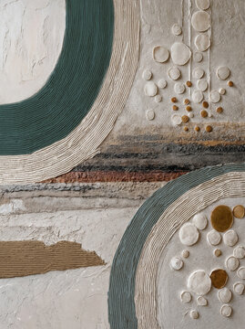 Tidal Convergence - Sweeping, combed arcs in deep teal, muted sage, and warm off-white frame the composition, mirroring orbital motions or natural water currents.