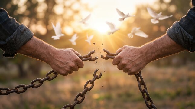 Two hands breaking heavy rusty iron chains symbolizing freedom, liberation, and overcoming addiction or oppression, bright sunlight with white doves flying representing peace, hope