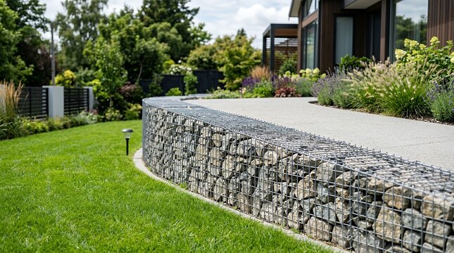 Modern Landscaping Stone Gabion Mesh Retaining Wall Separating Green Lawn Grass From Concrete Pavement Background gabion wall stone rock cage mesh wire retaining landscape landscaping division border