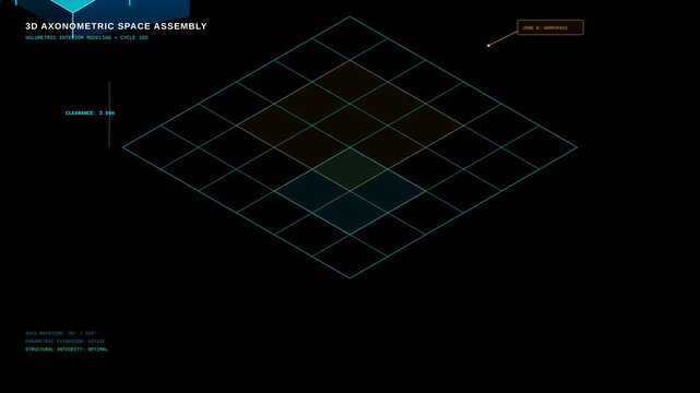 3D Axonometric Workspace Grid Assembly Construction Animation with Blueprint Design Style Interface
