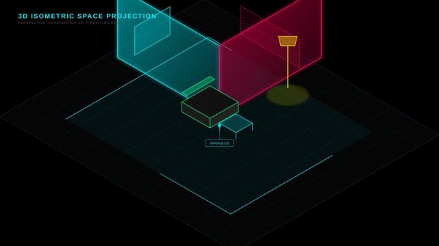 3D Isometric Space Projection With Abstract Geometric Shapes and Wireframe Grid Motion Background