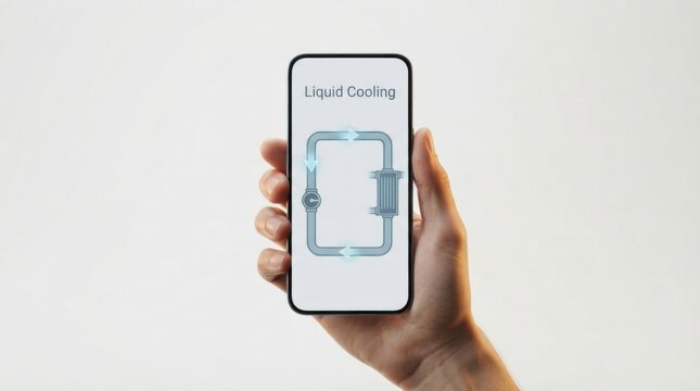 Hand Holding Smartphone Showing Liquid Cooling Circuit Diagram
