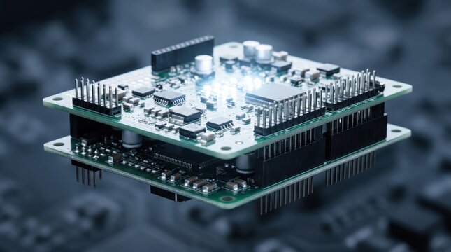 macro shot of stacked electronic circuit boards with microchips and components floating in dark space, depicting computer hardware engineering, motherboard technology, and complex