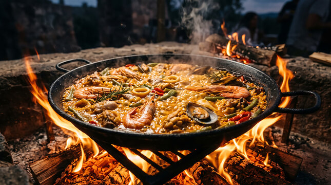 traditional spanish seafood paella simmering in large pan over open wood fire pit outdoors with shrimp mussels squid rice and vegetables dinner concept