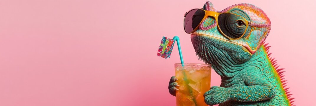 Colorful chameleon wearing sunglasses, holding a tropical drink with a straw and umbrella, against a vibrant pink background, embodying a fun and relaxed summer vibe