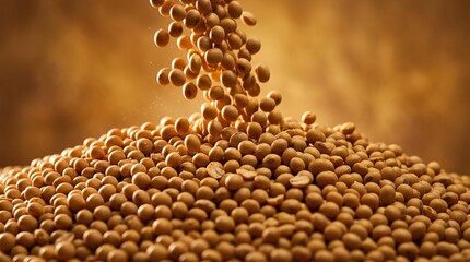 Obraz premium Golden mature soybeans cascade into a large rustic pile against a warm amber background, catching dramatic backlighting on every bean.