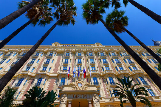 Carlton Hotel facade through palm trees, Cannes . French Riviera.
