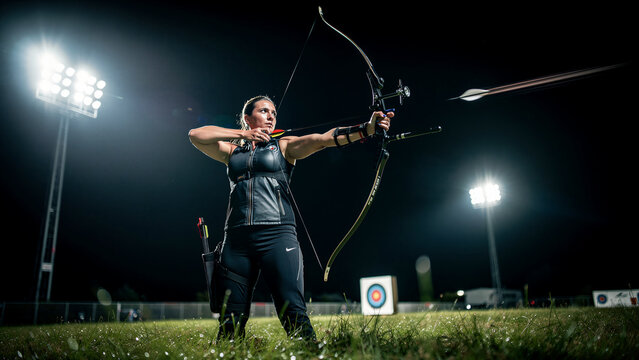 Female archer releasing arrow from bow at a sports stadium at night. Athlete shooting target under bright floodlights. Precision sports concept, ideal for athletic training and achievement.