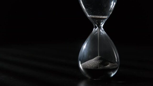 Hourglass with black sand pouring from one glass flask to another on dark background close-up, time is running out, termination, end of countdown, 
