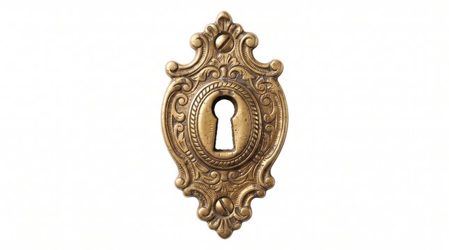 Vintage brass keyhole escutcheon, ornate antique door hardware, decorative bronze lock plate isolated on white background