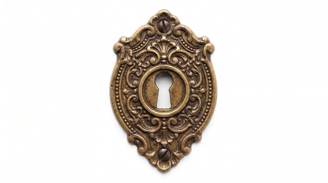 Vintage brass keyhole escutcheon plate, ornate antique door hardware, decorative bronze metal lock cover isolated on white