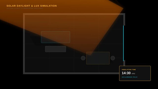 Solar Daylight and Lux Simulation Analysis Showing Interior Natural Light Distribution Over Time