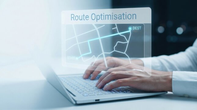 Hands on Laptop with Holographic Route Optimisation Map Overlay Showing Start and Dest