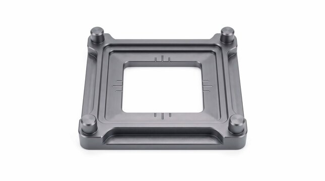 Brushed metal processor mounting bracket featuring precise square architecture with four corner pillars isolated on a clean white studio background