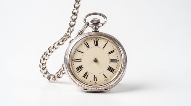 Vintage silver pocket watch with chain, antique mechanical timepiece on white background, classic roman numeral clock face