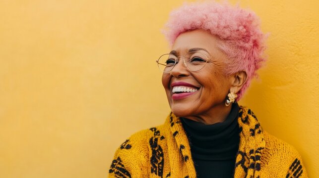 African American woman with pink hair wearing glasses and a vibrant yellow sweater smiles joyfully against a bright yellow background, radiating happiness and confidence