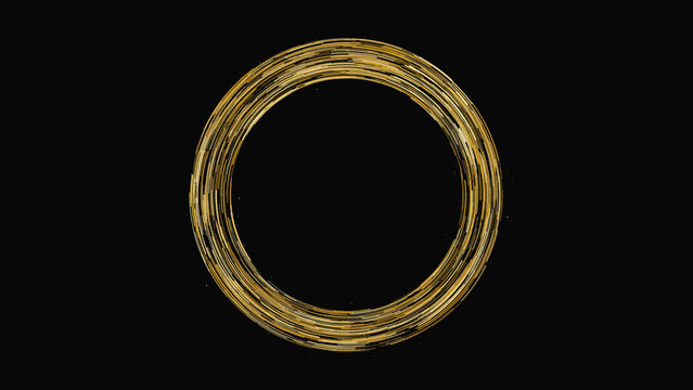 Golden circular ring composed of thin concentric lines on a black background, abstract geometric frame for digital media and