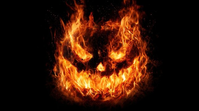 Terrifying Halloween skull face engulfed in bright orange flames and glowing fire against a dark black background.
