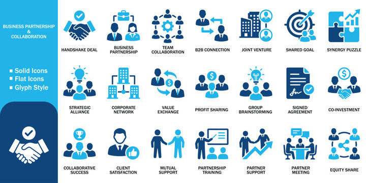Business partnership and collaboration solid icon set vector illustration. Handshake deal, B2B connection, joint venture, strategic alliance agreement, corporate teamwork glyph symbol.