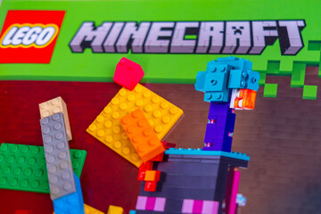 Naklejka premium LEGO Minecraft box, multicolored plastic bricks, Colorful toy set, building blocks, development fine motor skills, play time, creative activity product detail, brand identity, creating something new
