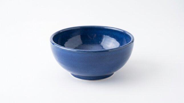 Deep blue ceramic bowl on white background. Minimalist porcelain dishware for dining. Glossy stoneware kitchenware for food service.