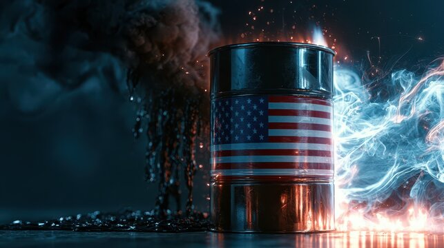 Powerful American Oil Industry Concept with USA Flag Barrel and Crude Petroleum
